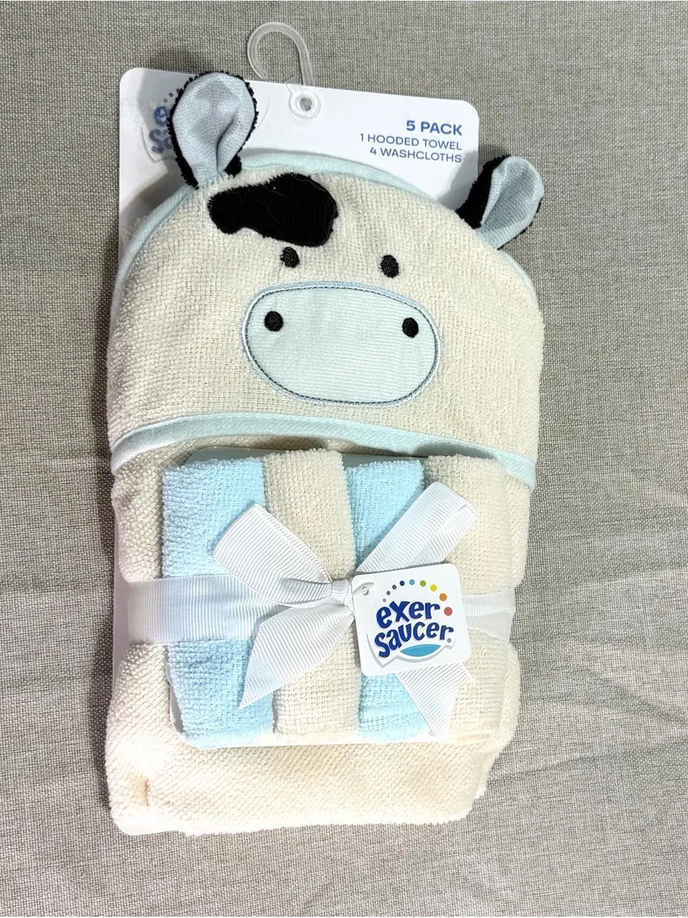 Baby Cow Hooded Towel & Washcloth Set - Cream and Light Blue